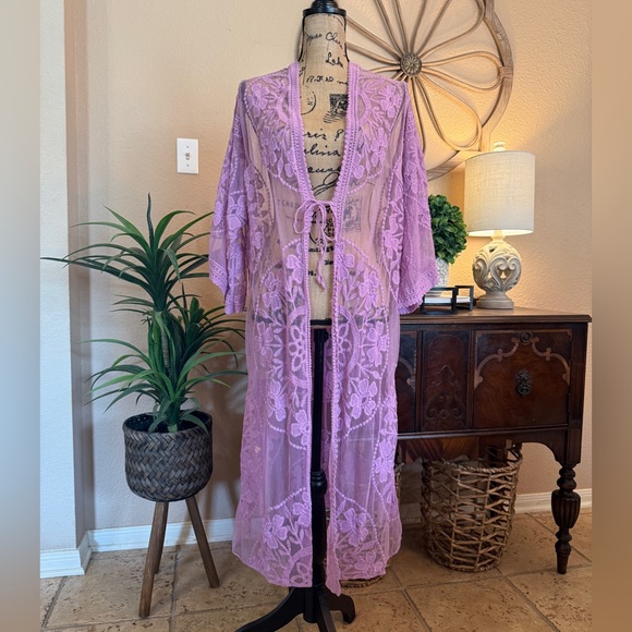 Forgotten Grace Other - Forgotten Grace Vibrant Lavender Lace Embroidered Floral Sheer Kimono Duster